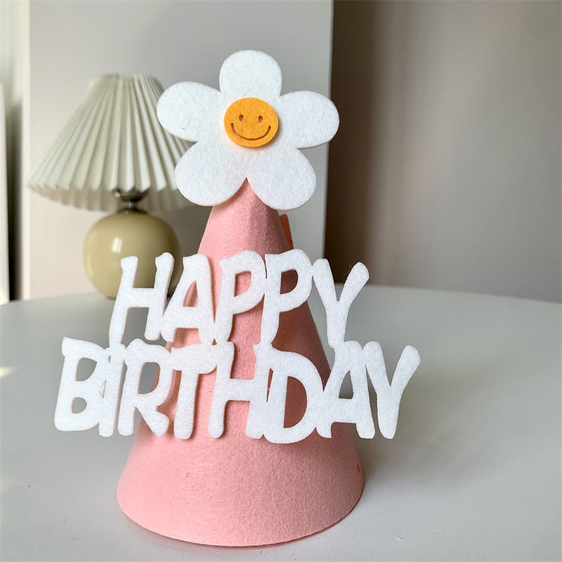 Mũ sinh nhật vải dạ hoa cúc 3D, mũ Happy Birthday phong cách Hàn Quốc - Kemshop K316