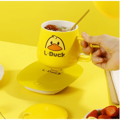 Cốc Hâm Nóng đồ uống Vịt vàng kèm đế điện hâm nóng trà, cafe, hâm sữa + Tặng kèm thìa vàng, hộp sang trọng