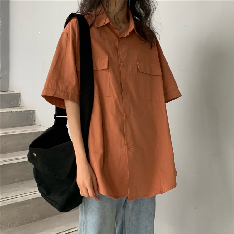Áo sơ mi tay ngắn 2 túi màu trơn phong cách retro Hàn Quốc 5 màu 1hit_Unisex