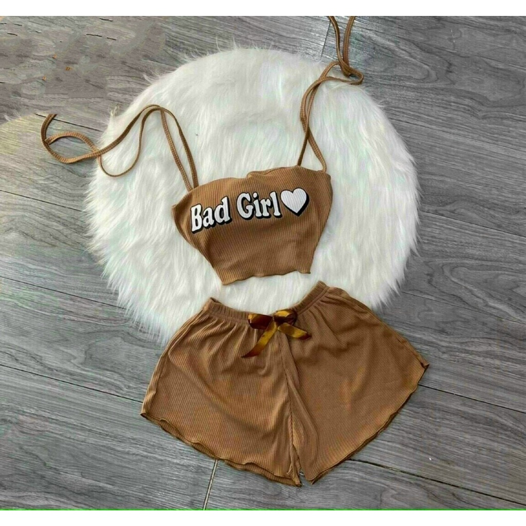 Set bộ nữ áo hai dây cột nơ in chữ (có mút) - quần đùi
