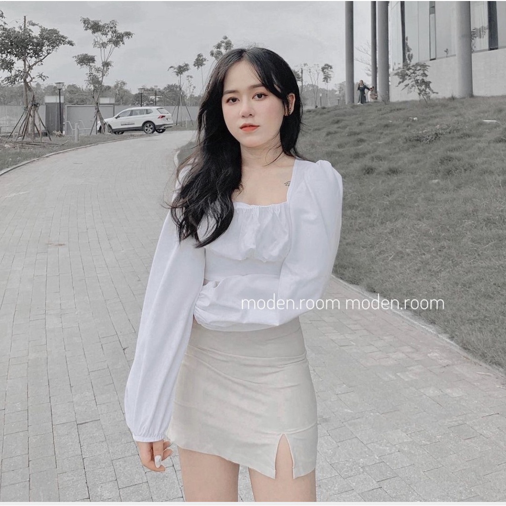 Set áo trắng cổ vuông thắt nơ hở lưng mix chân váy chữ A
