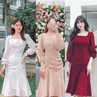 Đầm nhúng ngực tùng rút dây tay dài 2 màu