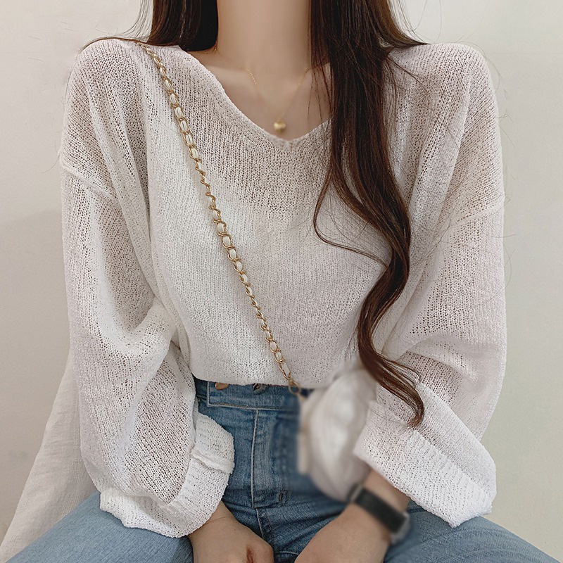 Áo len cổ chữ V dáng rộng tay loe khoét lưng màu trơn thời trang xuân thu cho nữ