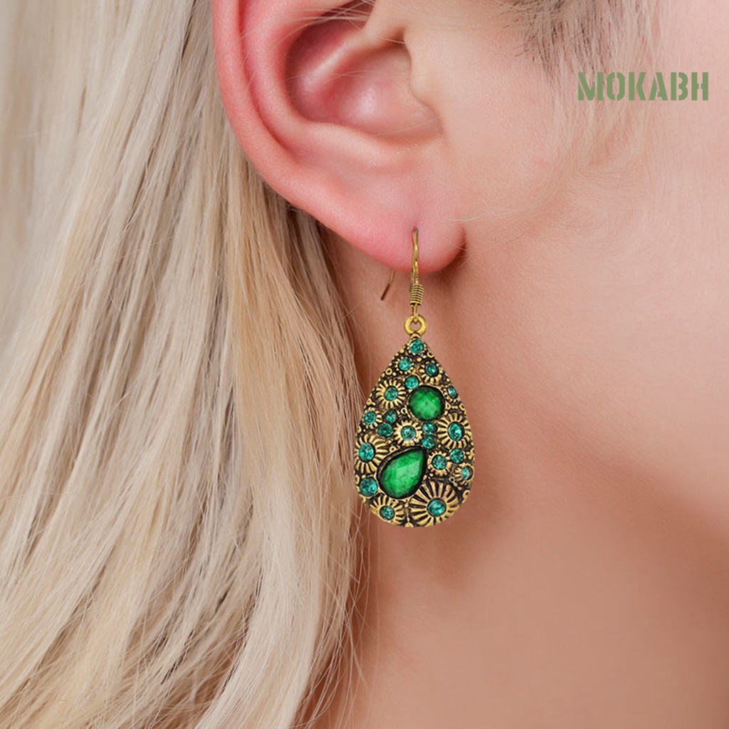 1 Đôi Bông Tai Đính Đá Hình Giọt Nước Phong Cách Dân Tộc Thời Trang
