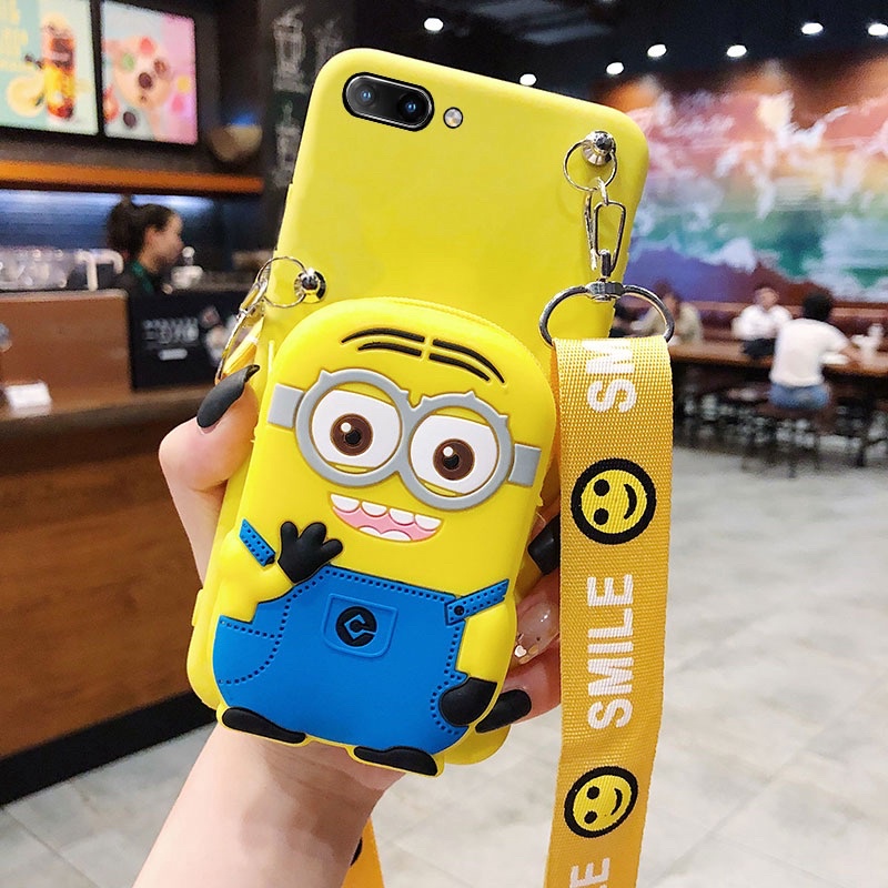 Ốp iPhone XsMax/11/11ProMax Silicon Dẻo Hình Minion Kèm Ví Và Dây Đeo