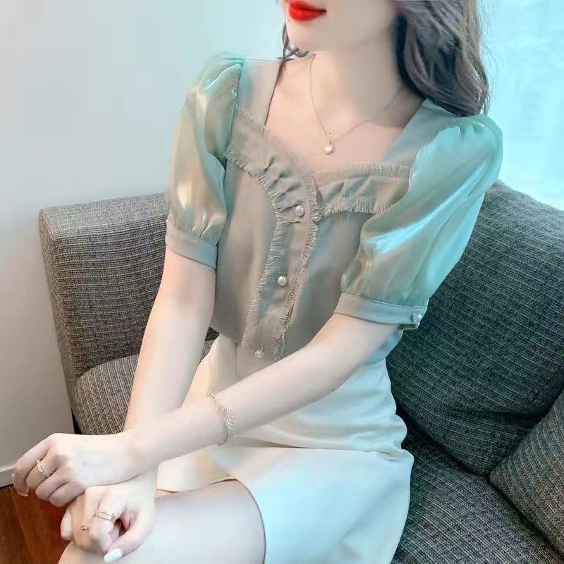 Áo Sơ Mi Chiffon Cổ Vuông Tay Ngắn Phồng Thời Trang Mùa Hè 2022 Hàng Có Sẵn