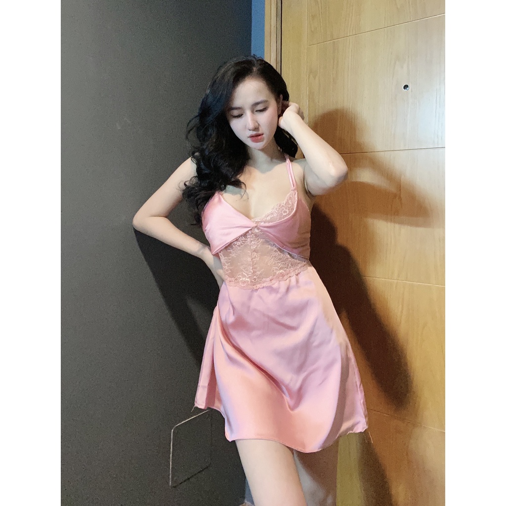 Váy ngủ 2 dây sexy phối ren đan dây lưng TUTA chất lụa satin mềm mượt quyến rũ - dn029