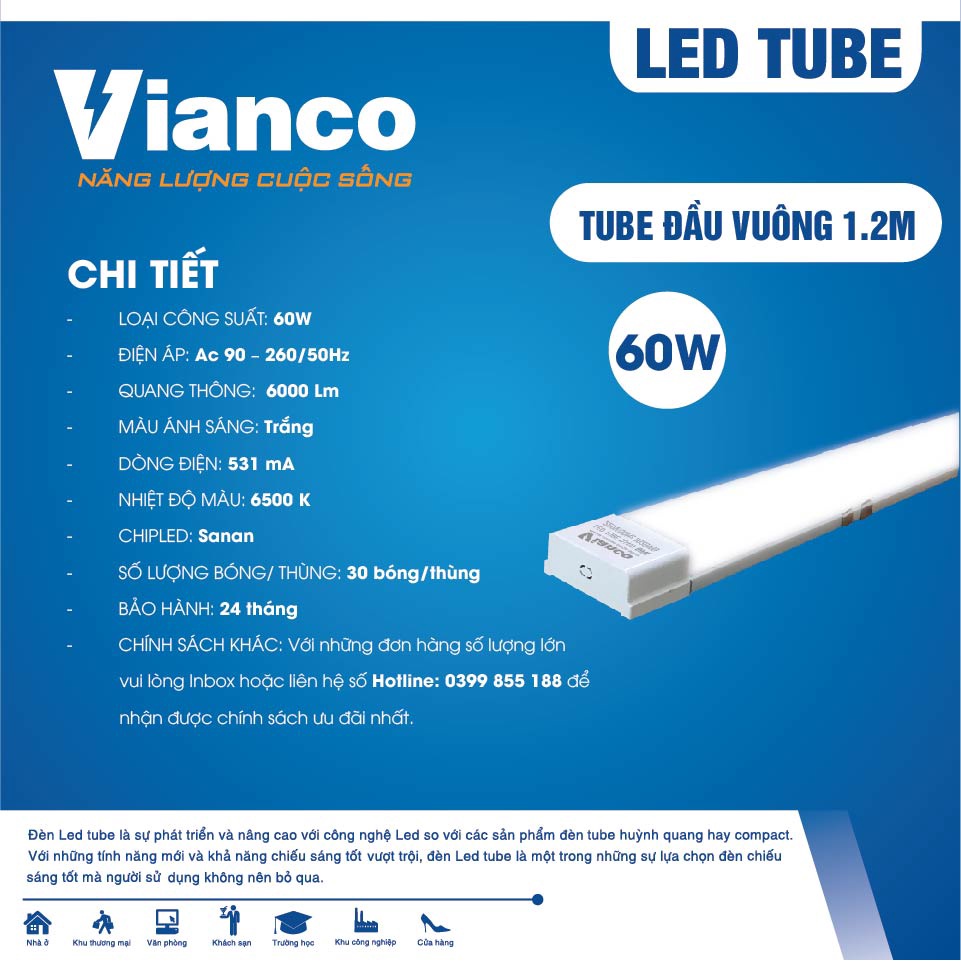 Đèn Led Tube Đầu Vuông VIANCO Làm Từ Nhựa Mica, Thiết Kế Liền Máng Cho Ánh Sáng Rộng