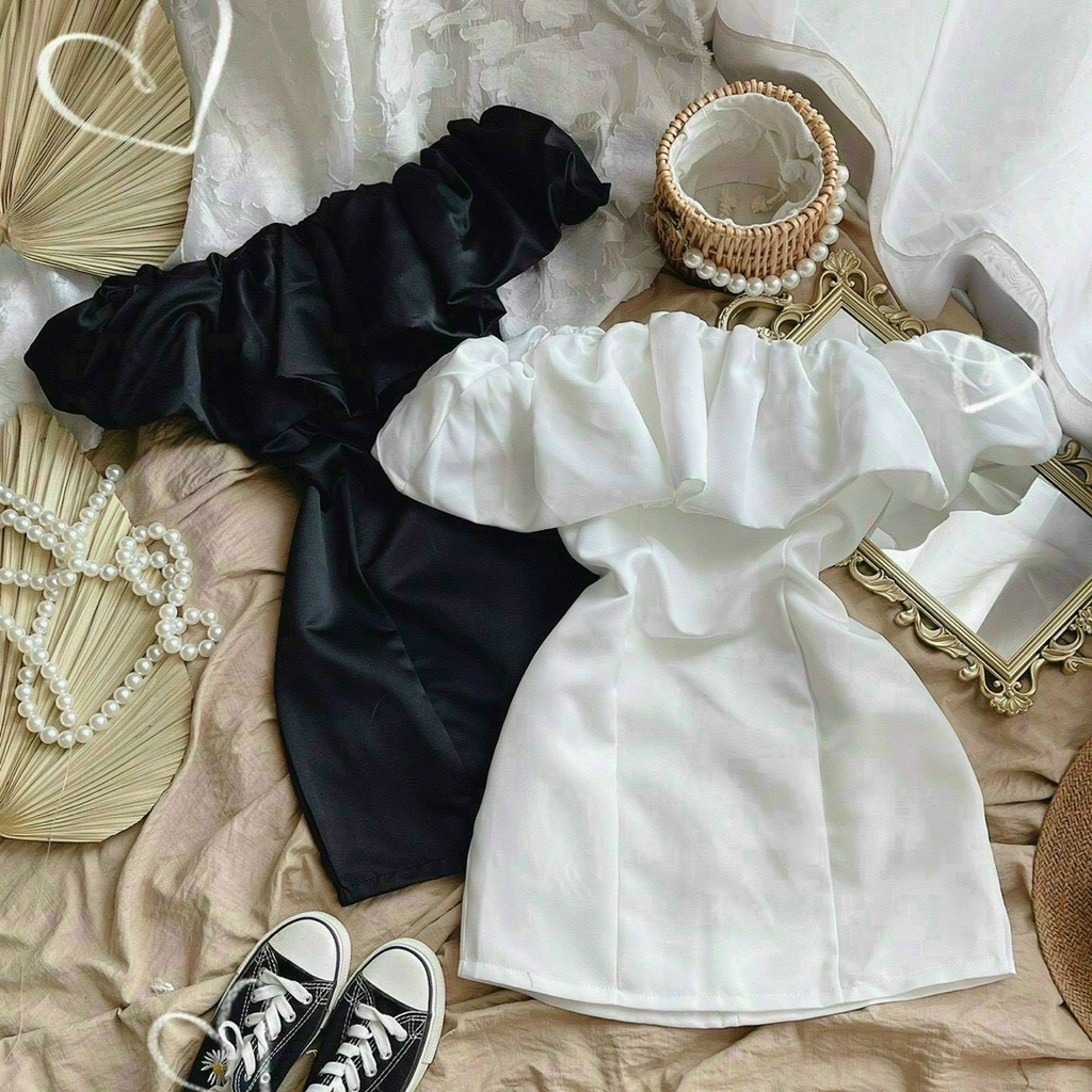 Đầm trễ vai body xếp bèo cá tính màu đầm trắng, đen vải dày dặn tôn dáng trẻ trung quyến rũ thời trang nữ ARAVA