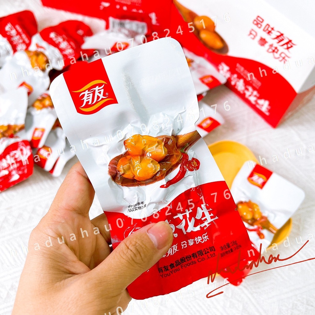 Sỉ - Hộp gồm 20 gói ăn vặt đậu phộng / lạc xào cay ngũ vị Hongkong gói 18 gam