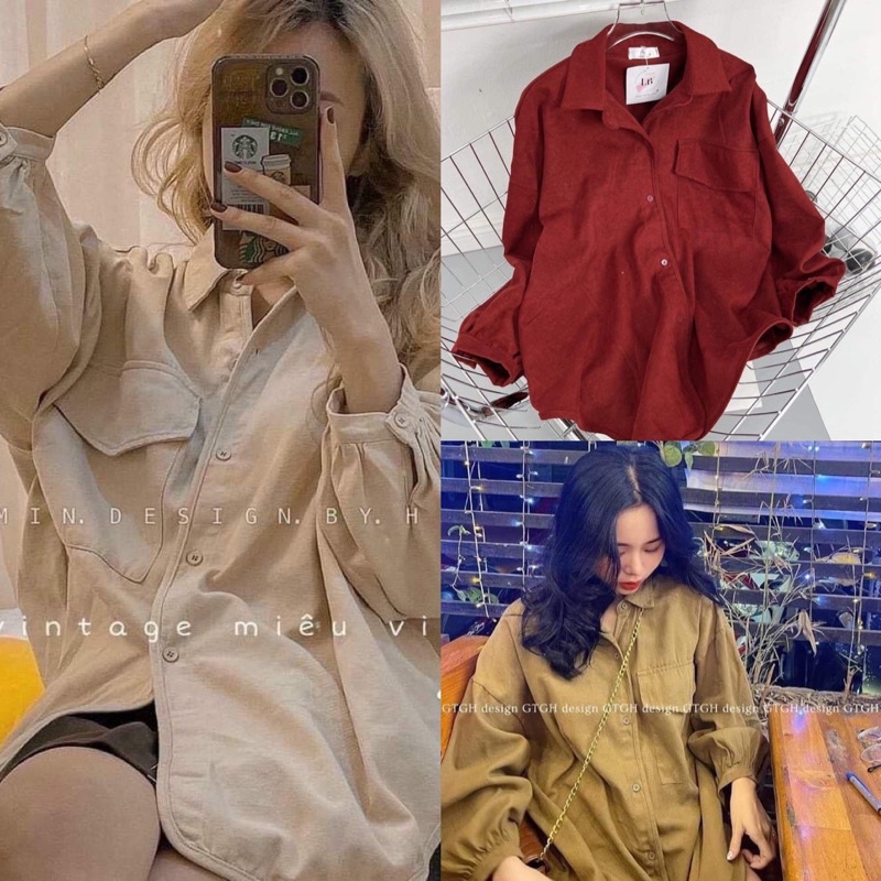 Sơ mi nhung vintage 5 màu tay bồng khoét đuôi tômDAQUY20sơ mi đuôi tôm chất nhung dày bịch đẹp hết nước chấm