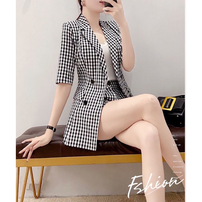 Set bộ vest caro short 3 món hàng siêu đẹp size 45-67kg