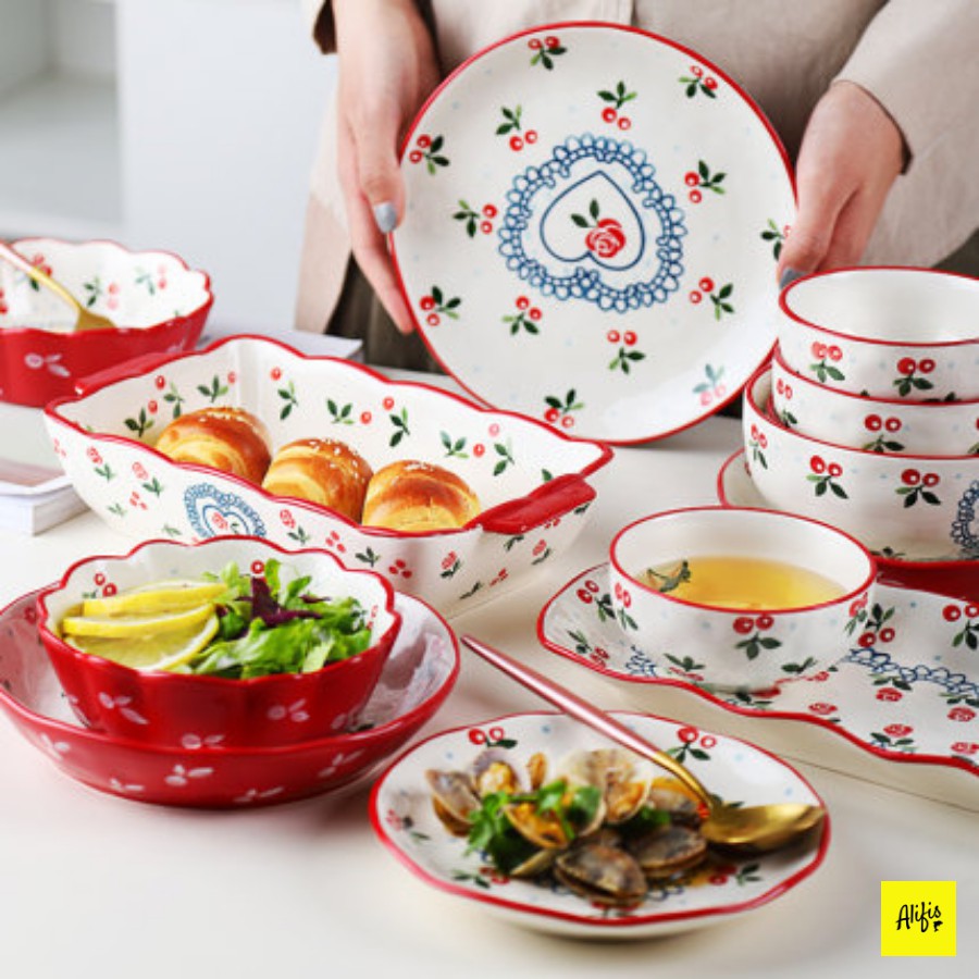 Bộ sưu tập bát đĩa sứ, bát đĩa decor họa tiết Cherry đỏ phong cách Hàn Quốc