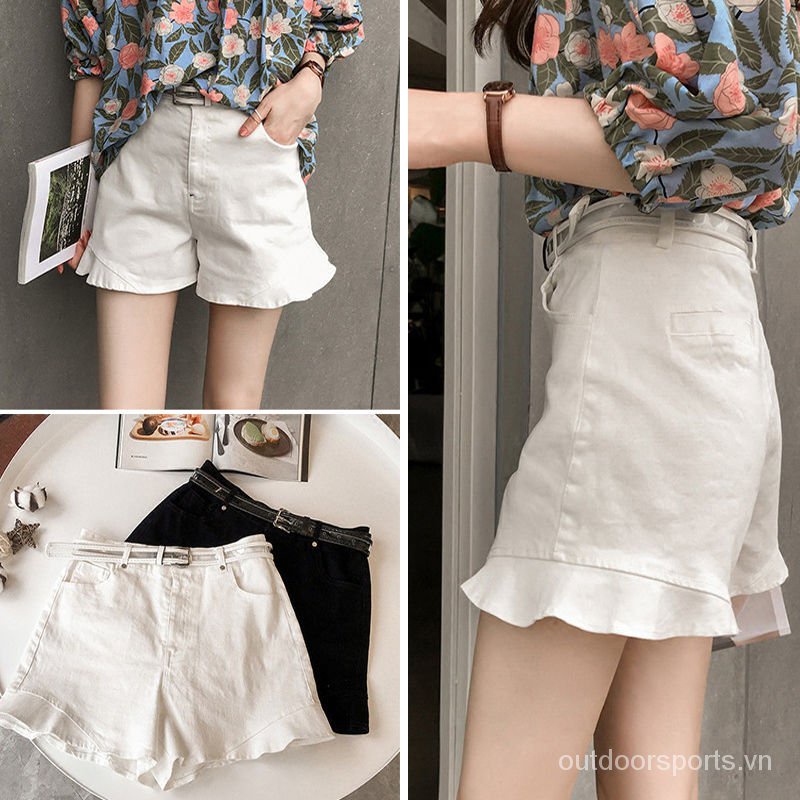 Quần short denim lưng cao ống rộng màu trắng đen thời trang mùa hè 2020 cho nữ