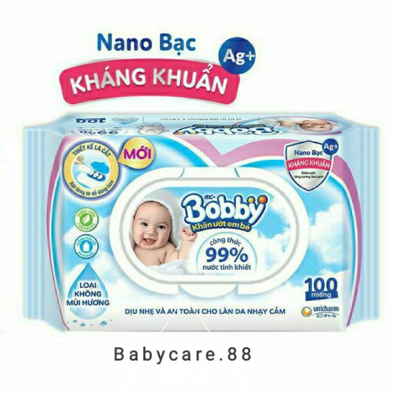 [Mã FMCGSALE24 giảm 8% đơn 500K] Khăn ướt Bobby Nano bạc kháng khuẩn không mùi/ mùi hương dịu nhẹ loại 100 tờ