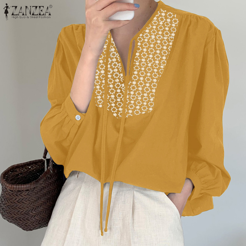 Áo Kiểu ZANZEA Tay Dài Thêu Hoa Cổ Chữ V Thường Ngày Cho Nữ