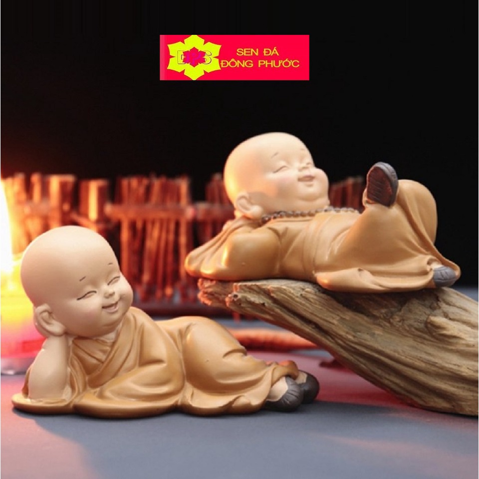 -Bộ 02 Tượng Vô Ngã 8cm- Tượng chú tiểu áo lam chất liệu Composite- Phụ kiện trang trí - Sen Đá Xương rồng