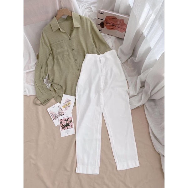 Set áo sơ mi xanh thắt nơ hông + quần trắng chị LNĐ [Nhớ đọc số đó nha ❤️]