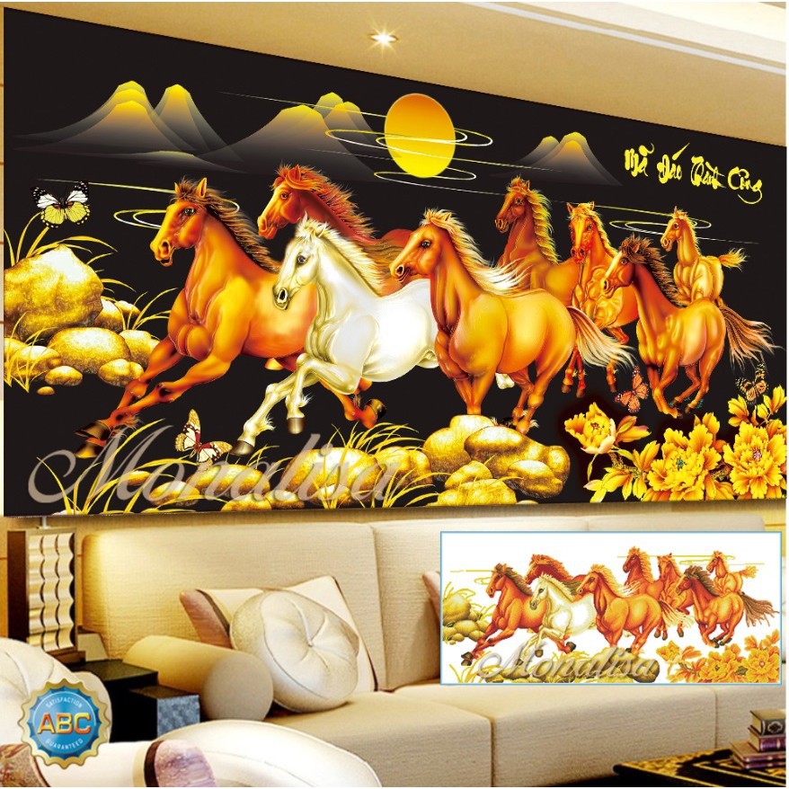 Tranh đính đá ngựa nền đen cỡ lớn MÃ ĐÁO THÀNH CÔNG. KT: 130x60cm