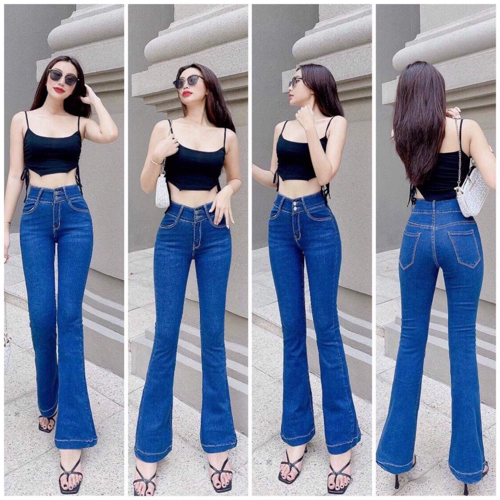 Quần Jeans Ống Loe Nữ Lưng Siêu Cao Co Giãn