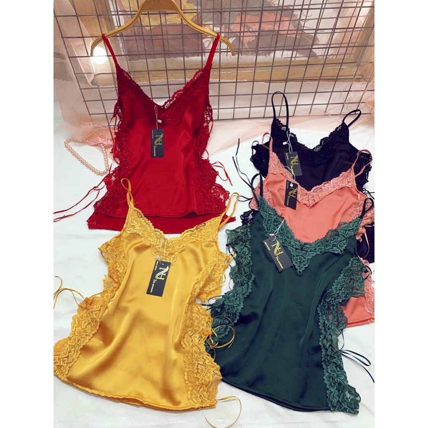 Đồ ngủ nữ sexy bộ lụa mặc nhà 2 dây phối ren gợi cảm cột dây 2 bên xinh xắn