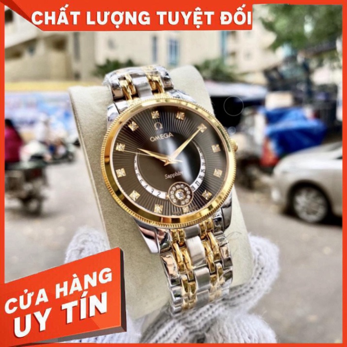 Đồng Hồ Nam omega Sapphire OM047 Case 38mm ĐEN Mặt Trăng khuyết Máy Pin Nhật