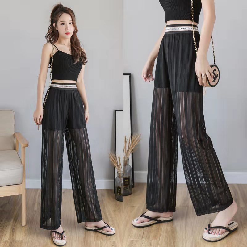 Ice silk sunscreen wide-leg pants women s summer new large size thin drape casual pants perspective cool and thin nine points Ankle trousers
