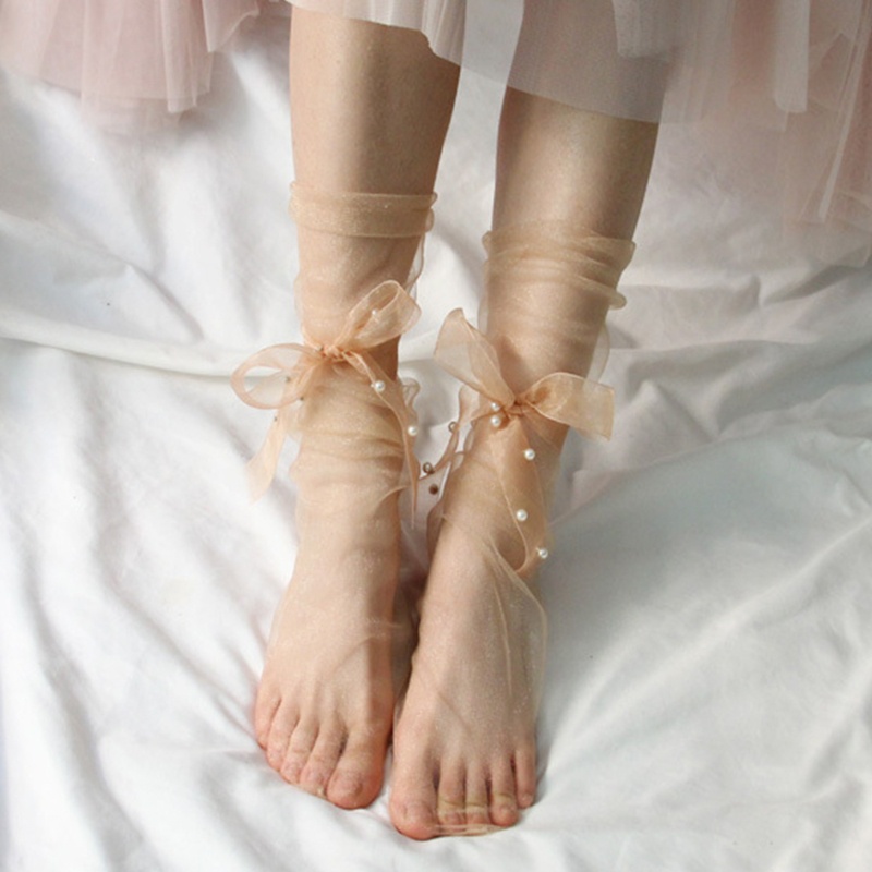 Vớ lưới đính nơ ngọc trai siêu mỏng cho nữ