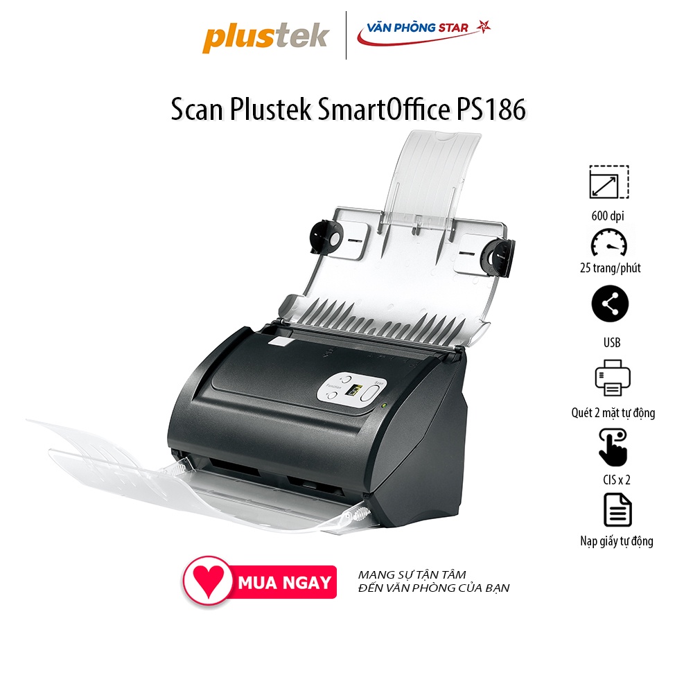 Máy Scan Plustek PS186 quét 2 mặt tự động tốc độ 25 tờ/phút độ phân giải 600 dpi tại vanphongstar