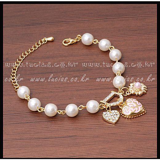 Vòng tay mặt hình trái tim và hình chữ D đính ngọc trai nhân tạo và kim cương giả thời trang Hàn Quốc cho nữ E010