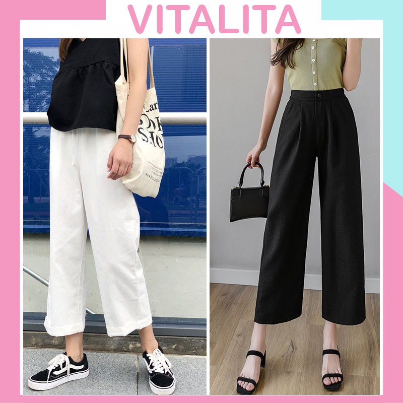 [Mã FAMAYWA giảm 10K đơn 50K] Quần Culottes ống rộng 9 tấc - chất vải đũi xước màu trắng, đen, kem mềm mại mặc cực mát