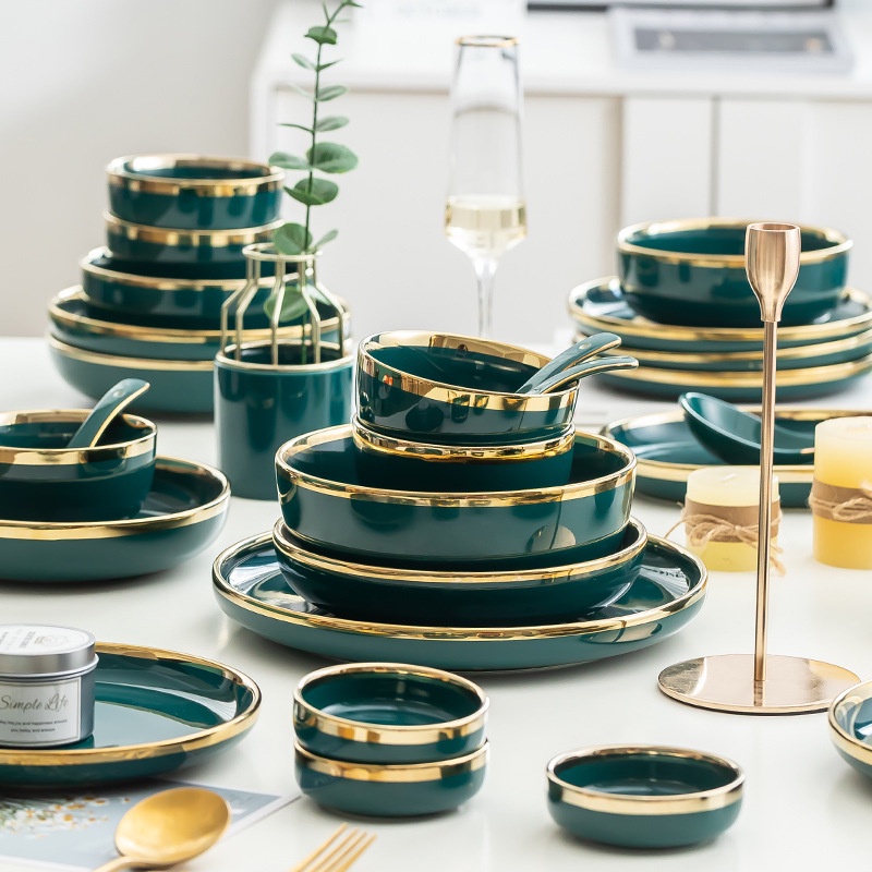Set Chén Đĩa Sứ Dày Viền Vàng Chính Hãng Gold Xanh Lục Bảo Xanh Cổ Vịt Sang Trọng