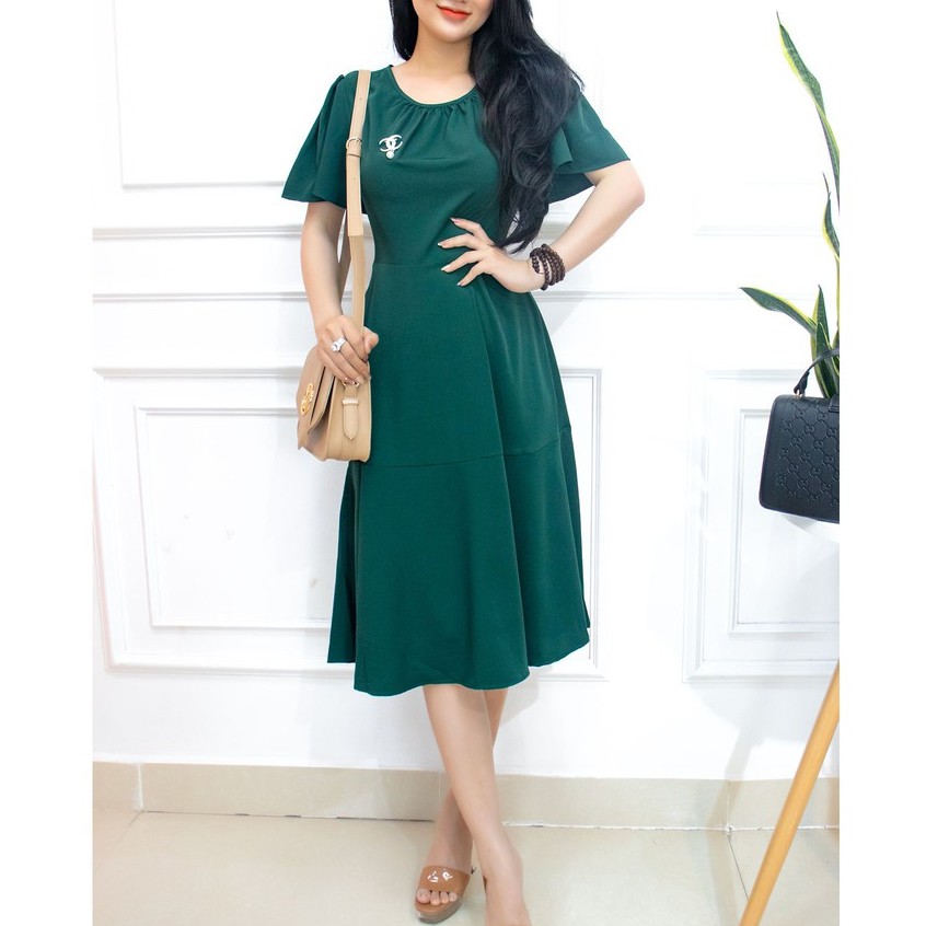 Đầm thiết kế công sở dự tiệc trung niên dáng xòe họa tiết xanh trơn - AMYRA Da047 | BigBuy360 - bigbuy360.vn