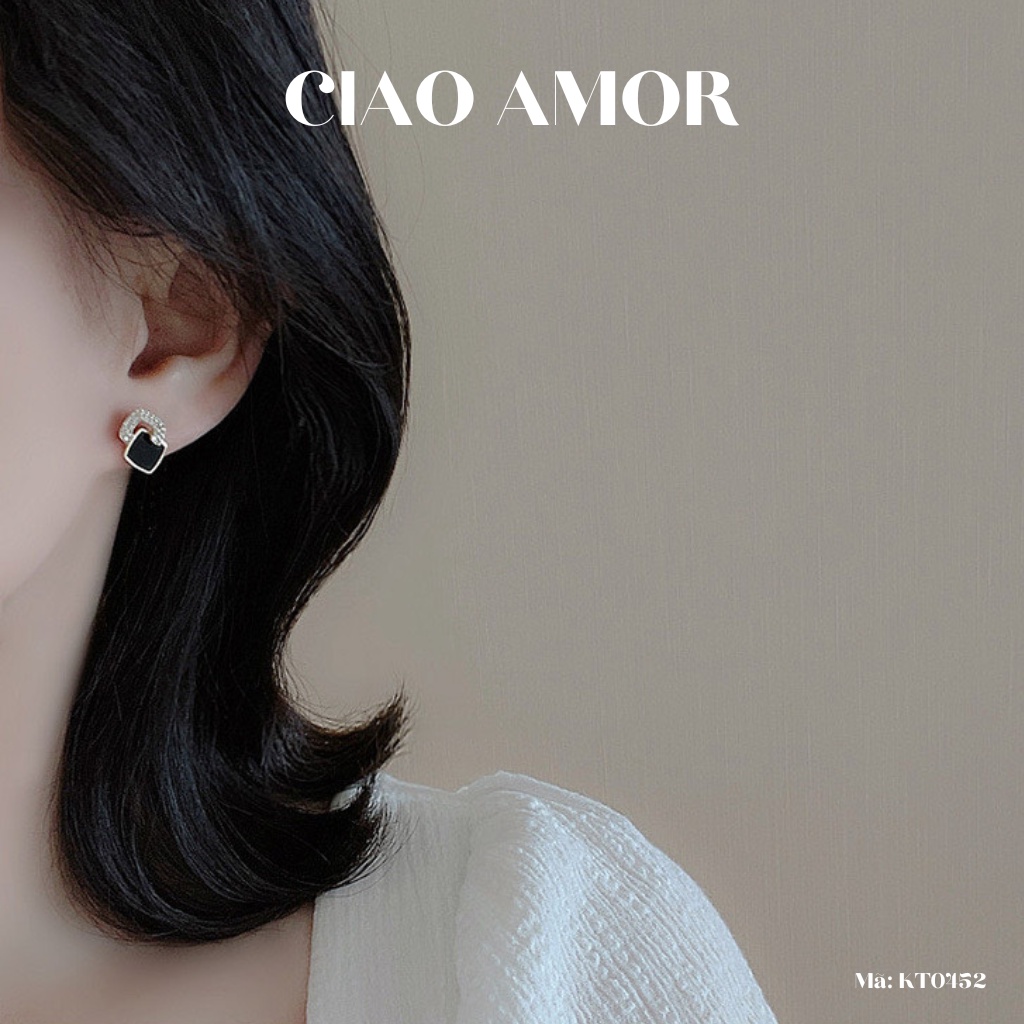 KT0452-Khuyên tai nữ, Bông tai nưc bạc 925 lớp vuông đen đính ngọc đơn giản thanh lịch Trang sức Ciao Amor