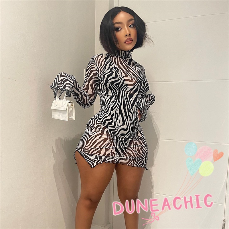 Đầm Tay Dài Cổ Cao Dáng Ôm Kẻ Sọc Thời Trang Xinh Xắn Cho Nữ