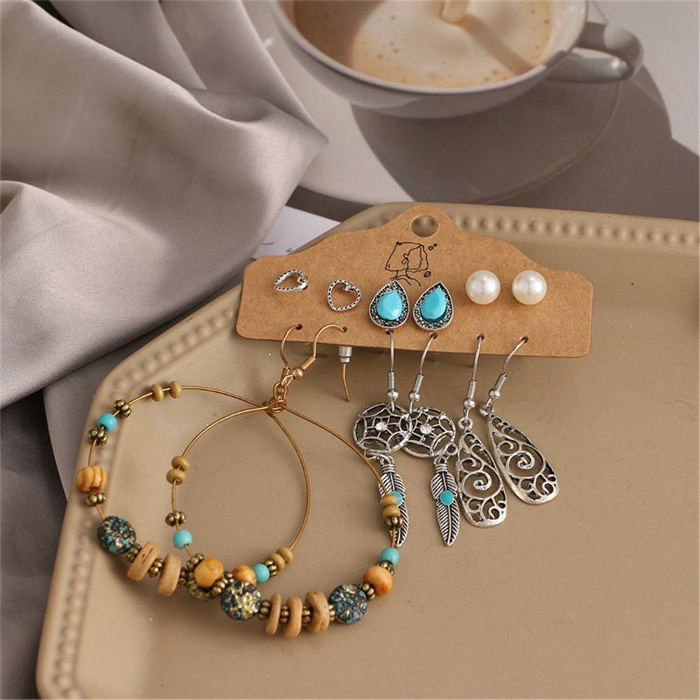 NEXTVN 6 Pairs Drop Dangle Earrings Set Vintage National Style Bronze Waterdrop Bohemian Earrings