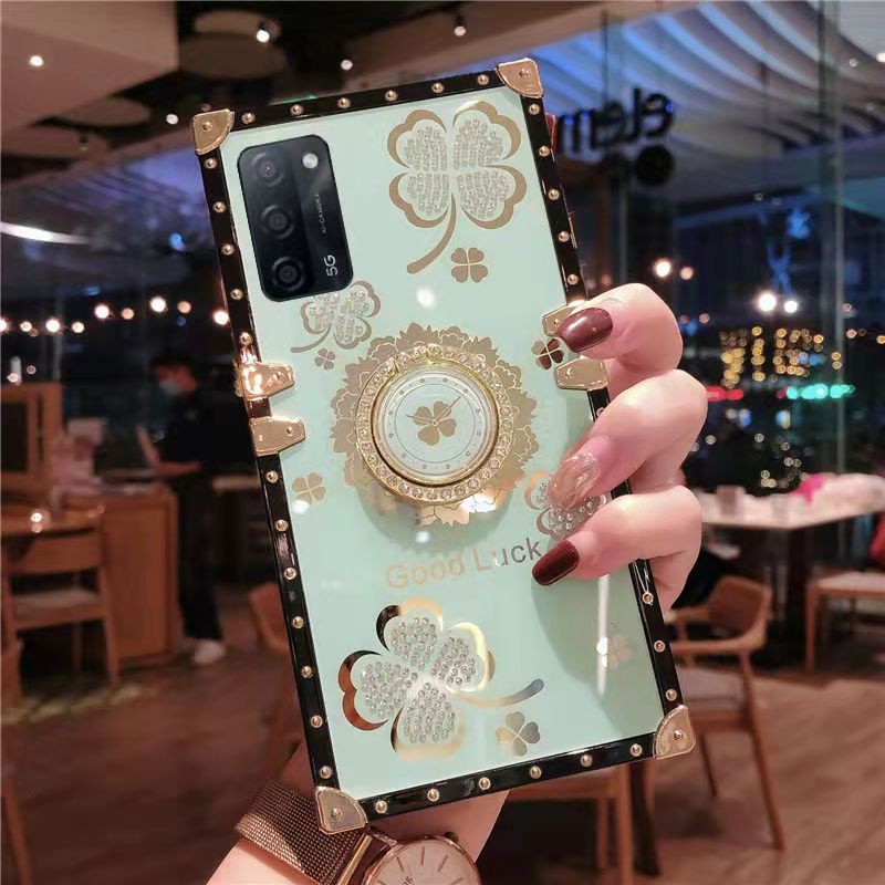 Ốp Điện Thoại Hình Vuông Đính Đá Lấp Lánh Kèm Giá Đỡ Nhẫn Cho Oppo A96 A95 A94 A55 A53 A74 A16 A15