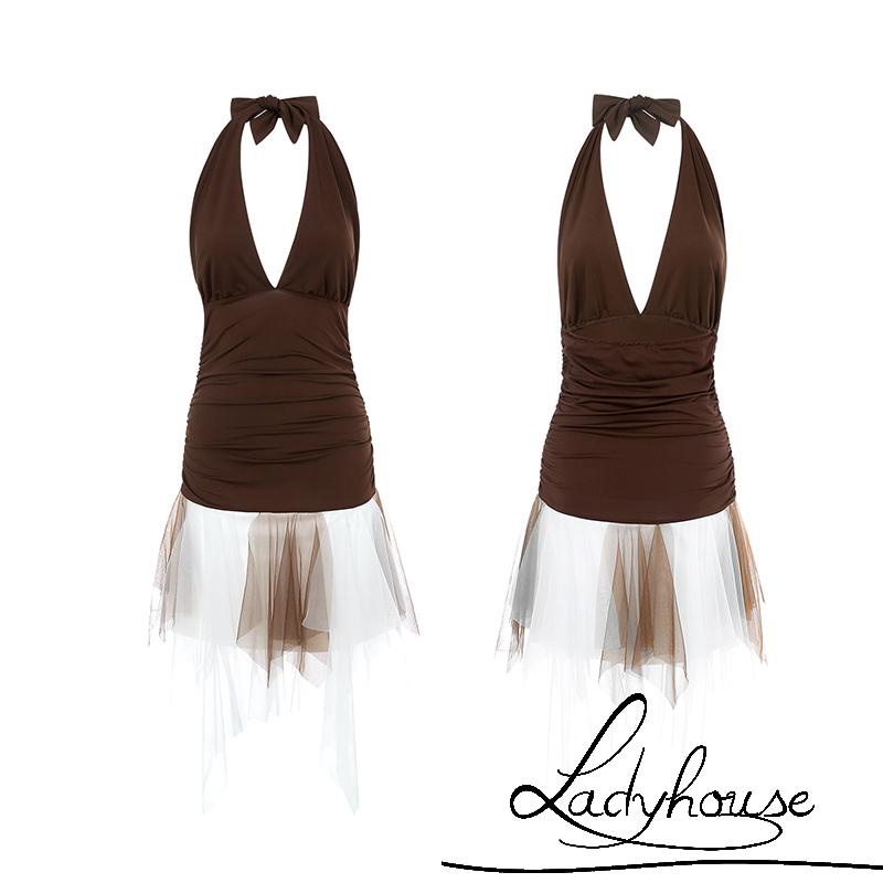 Đầm Mini Hai Dây Cổ Chữ V Khoét Sâu Hở Lưng Phối Lưới Gợi Cảm Cho Nữ