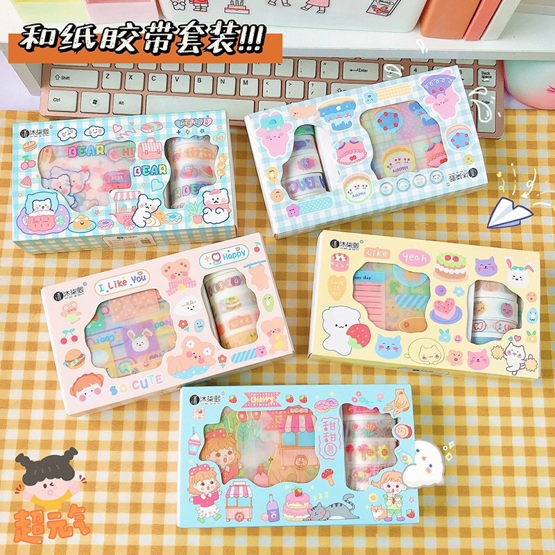 Hộp washi tape kèm sticker - Set 5 băng keo trang trí và 8 tấm sticker