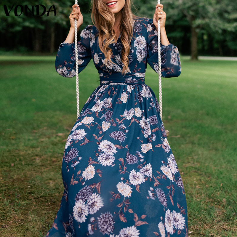 Đầm Nữ VONDA Dài Chữ A Rộng In Hoa Tay Dài Cổ V | BigBuy360 - bigbuy360.vn