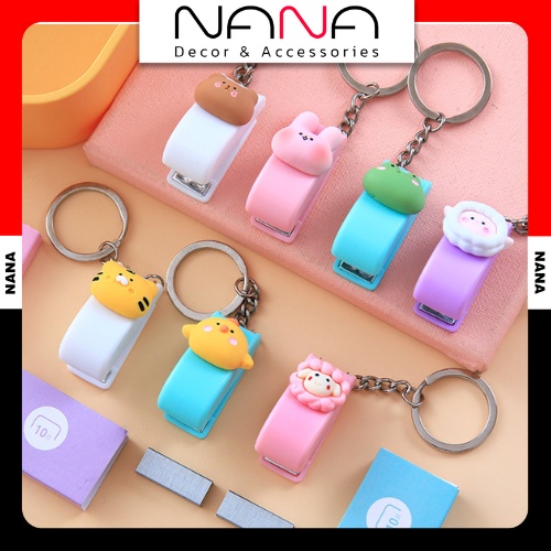 Dập Ghim Giấy Mini 🌵SIÊU KUTE🌵Móc Khóa Bấm Kim Loại Mini Đính Charm Dễ Thương