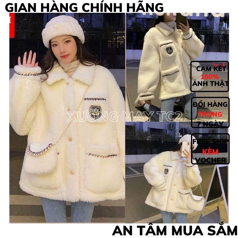 áo khoác lông kèm túi in logo ,áo khoác lông nữ ,form rộng phong cách ulzzang vintaghe hàn quốc ,XƯỞNG MAY TC2