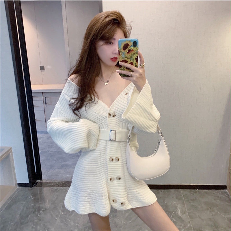 Đầm Sweater Tay Dài Cổ Chữ V Thời Trang Mùa Thu Hàn Quốc 2020 Mới