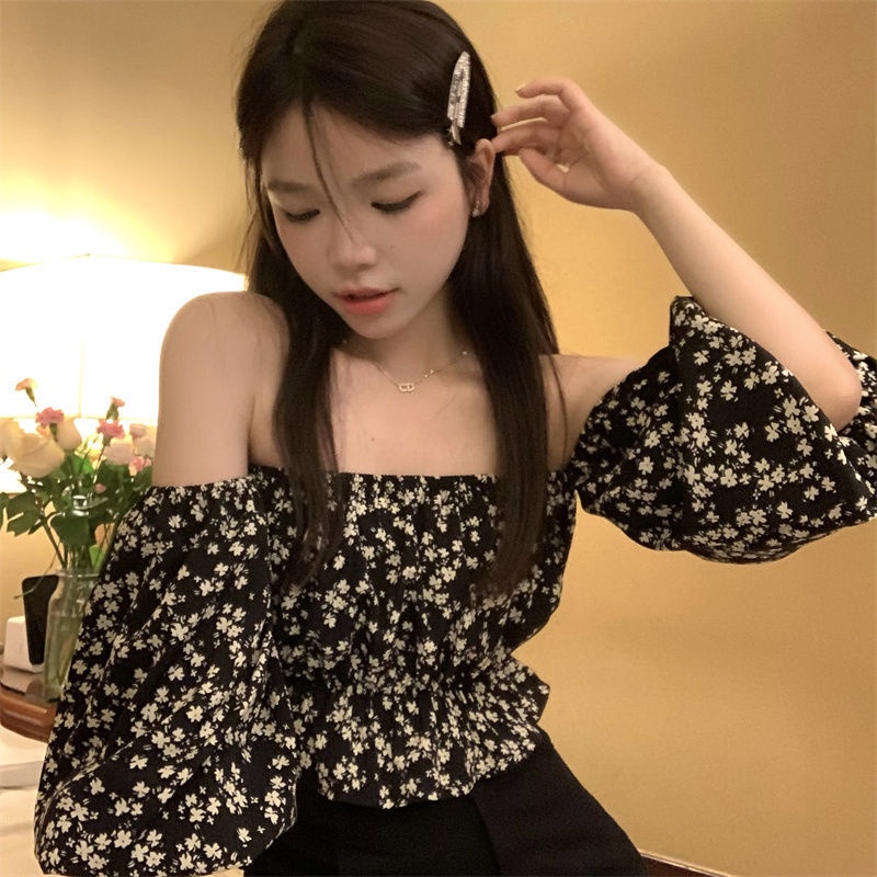 Áo Chiffon Trễ Vai Tay Phồng In Họa Tiết Hoa Thời Trang Cho Nữ