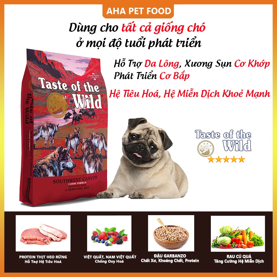 Thức Ăn Cho Chó Pug Taste Of The Wild Bao 500g Southwest Canyon Thịt Heo Rừng, Trái Cây Rau Củ Quả