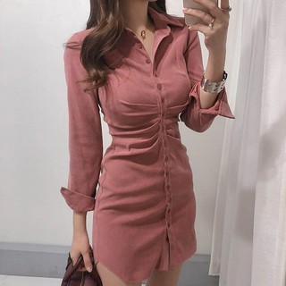 (ORDER-sẵn hồng size M) Váy sơ mi thiết kế độc lạ eo xếp ly ôm body dọc khuy Style Retro Korea sang chảnh