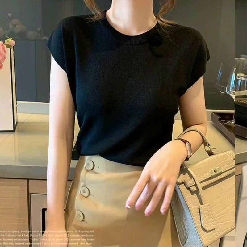 Áo Len Tay Ngắn Cổ Tròn Dáng Rộng Phong Cách Hàn Quốc Thời Trang Cho Nữ