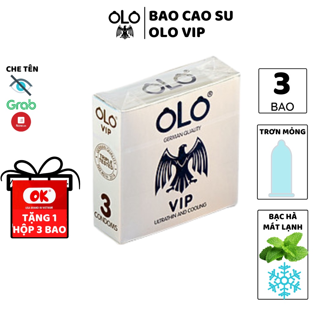 Bao cao su OLO Ultrathin & Cool  tinh dầu bạc hà 3 bao/hộp siêu mỏng chống tuột kéo dài thời gian