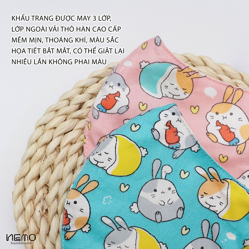 Khẩu trang vải 3 lớp chống nắng, chống bụi, vải mềm mịn cực mát, họa tiết thỏ tròn trịa - Nemo Handmade KTMHQ2M