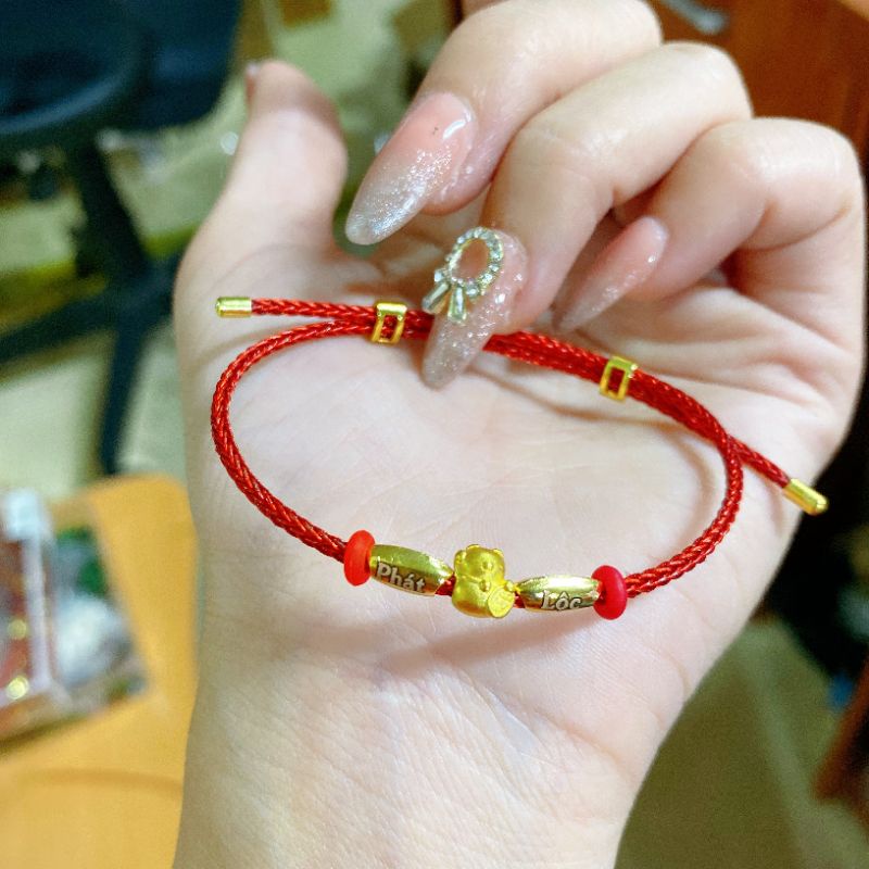 vòng tay mèo thần tài 24k mix hạt gạo 10k khắc chữ Phát - Lộc